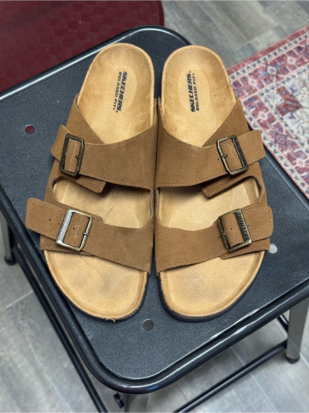 Skechers Relaxed Fit Brown Suede Double-Buckle Slide Sandals Y2K Unisex Size 12